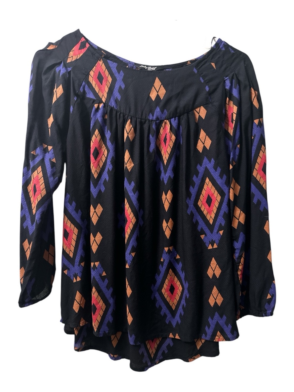 Lucky Brand Women’s Black Tunic with Purple and Orange Aztec Print Size S